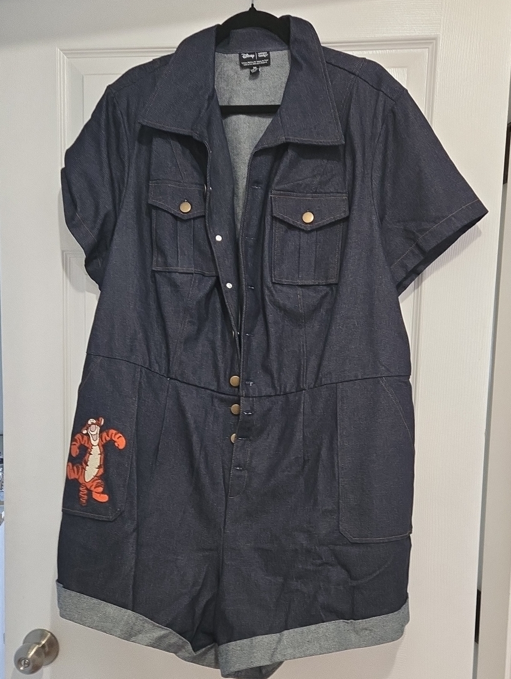 Disney Dark Blue Denim Short Jumpsuit with Orange Tigger Patch